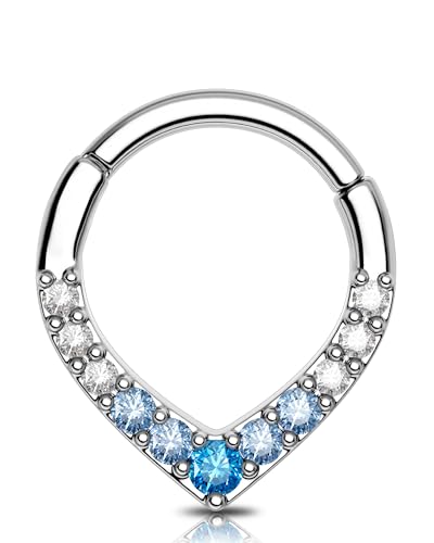 OUFER 16G Teardrop Septum Piercing Chirurgenstahl 316L Daith Piercing Schmuck 8 mm Septum Clicker Blau CZ Conch Piercing V-förmig Knorpel Ohrpiercing für Frauen von OUFER