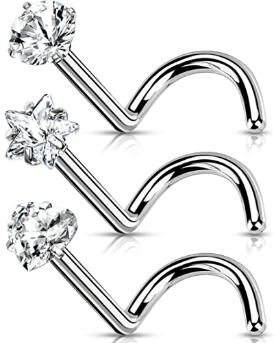 OUFER 20G 0.8mm 2stk Titan Nasenpiercing Ring Nasenring S Form Round Star CZ Nasen Piercing Nase Nostril Twist Stecker Dünn Nasenstecker Nasenspirale Schmuck Nose Ring Screw 3mm Jewellery Women von OUFER