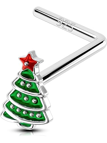 OUFER 20G Nasenpiercing Silber 925 Weihnachten Nose Ring L Form Nasenring CZ Nasen Piercing Nase Stud Nostril Stecker Nasenstecker Schmuck Nose Earring Frauen Männer Gift (Weihnachtsbaum) von OUFER