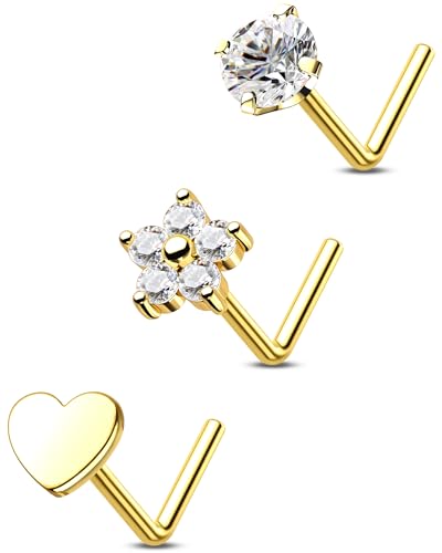 OUFER 3PCS 20G Nasenpiercing Titan G23 L-förmig Nasenring Herz Blume Klar CZ Gold Piercing Nase Nose Screw Körperpiercing für Damen 7 mm von OUFER