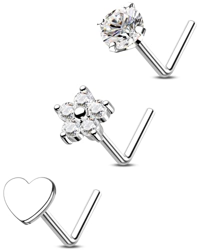 OUFER 3PCS 20G Nasenpiercing Titan G23 L-förmig Nasenring Herz Blume Klar CZ Piercing Nase Nose Screw Körperpiercing für Damen 7 mm von OUFER