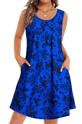 OUGES 2024 Sommerkleid Damen Ärmelloses Strandkleid Rundhals Kleid Freizeitkleid mit Taschen(Blaues Blumenmuster,L) von OUGES