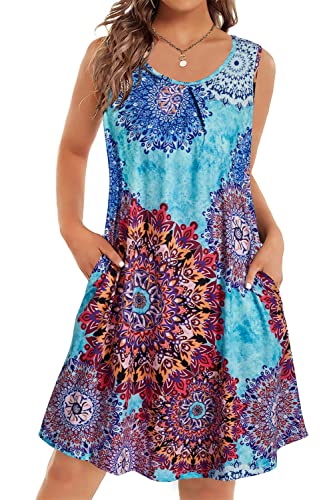 OUGES 2024 Sommerkleid Damen Ärmelloses Strandkleid Rundhals Kleid Freizeitkleid mit Taschen(Böhmen,L) von OUGES