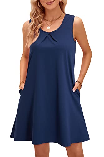 OUGES 2024 Sommerkleid Damen Ärmelloses Strandkleid Rundhals Kleid Freizeitkleid mit Taschen(Marine,M) von OUGES