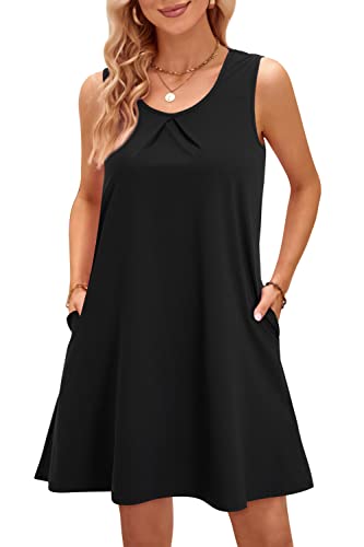 OUGES 2024 Sommerkleid Damen Ärmelloses Strandkleid Rundhals Kleid Freizeitkleid mit Taschen(Schwarz,L) von OUGES