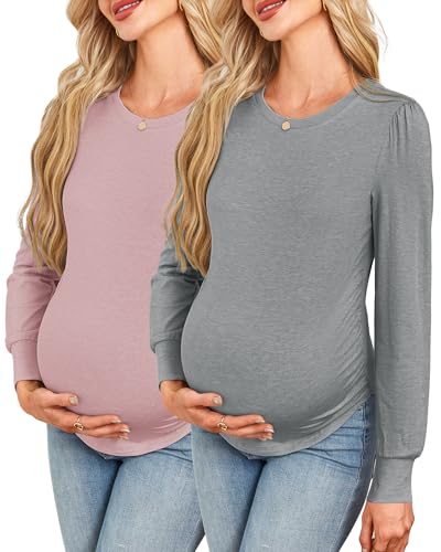 OUGES 2er-Pack Damen Langarm Stillshirt Stretch-Wollmischung Stilltop Herbst Winter Umstandsshirt Umstandskleidung-M von OUGES