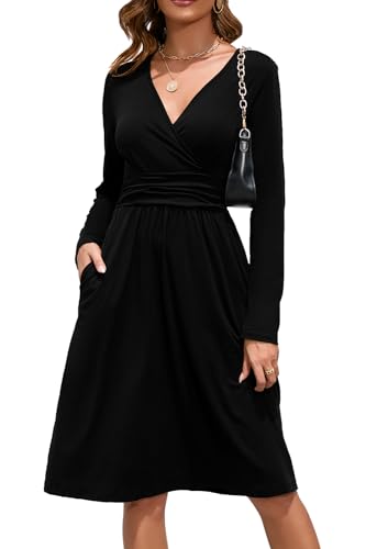 OUGES Damen Frühling Casual Midikleid Langarm V-Ausschnitt Blumenmuster Wickelkleid mit Taschen(Schwarz,XXL) von OUGES