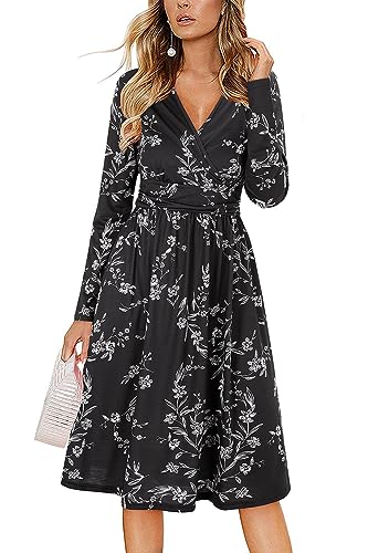 OUGES Damen Frühling Casual Midikleid Langarm V-Ausschnitt Blumenmuster Wickelkleid mit Taschen(Schwarz Geblümt,S) von OUGES