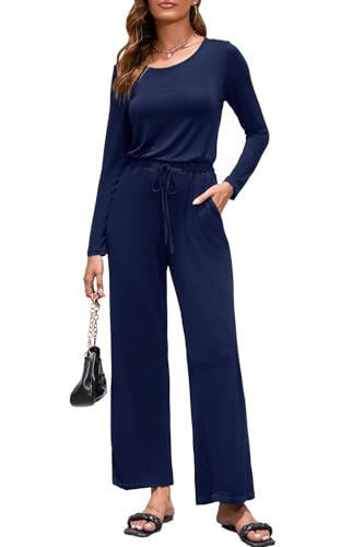 OUGES Damen Jumpsuit Lang Hosenanzug Langarm Casual Overall Herbst Playsuit Romper mit Taschen(Marine-01,XL) von OUGES