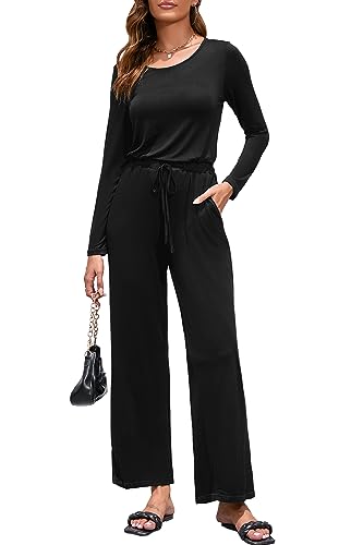 OUGES Damen Jumpsuit Lang Hosenanzug Langarm Casual Overall Herbst Playsuit Romper mit Taschen(Schwarz-01,XL) von OUGES