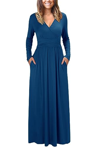 OUGES Damen Kleid Langarm V-Ausschnitt Winterkleid Casual Boho Kleider Maxikleid mit Taschen Herbstkleid(See Blau, S) von OUGES