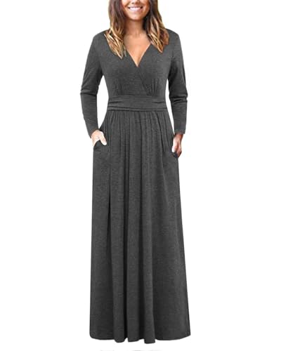 OUGES Damen Kleid Langarm V-Ausschnitt Winterkleid Casual Boho Kleider Maxikleid mit Taschen Herbstkleid(Grau, S) von OUGES