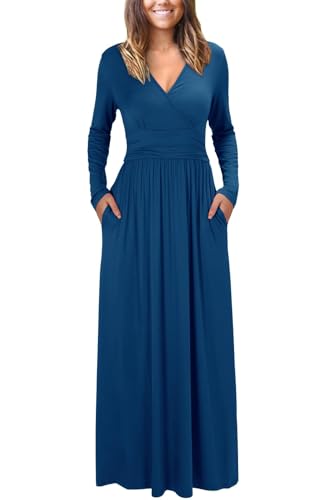 OUGES Damen Kleid Langarm V-Ausschnitt Winterkleid Casual Boho Kleider Maxikleid mit Taschen Herbstkleid(See Blau, XXL) von OUGES