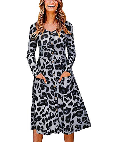 OUGES Winterkleid Damen Langarm Kleid V-Ausschnitt Midi Kleider Herbstkleid Knielang Freizeitkleid mit Taschen(Grauer Leopard, L) von OUGES