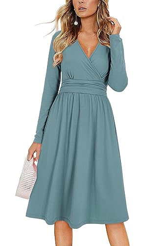 OUGES Kleid Damen Winterkleid V-Ausschnitt Langarm Casual Kleider Knielang Freizeitkleid Midi Herbstkleid mit Taschen(Blau-01,L) von OUGES