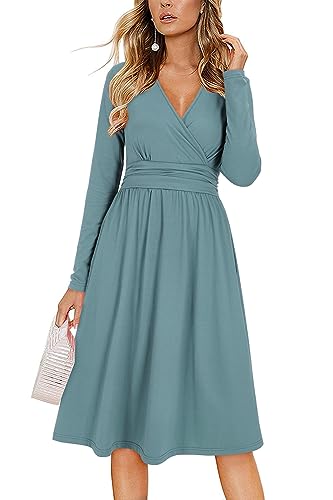 OUGES Kleid Damen Herbst Blau V-Ausschnitt Langarm Kleider Herbstkleid Knielang Winterkleid Midi Mit Taschen, L von OUGES
