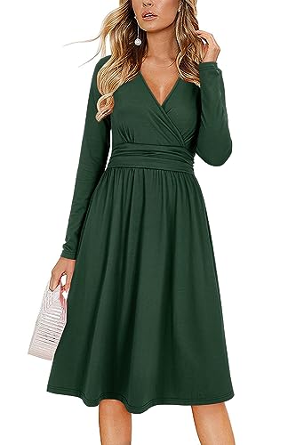 OUGES Kleid Damen Winterkleid V-Ausschnitt Langarm Casual Kleider Knielang Freizeitkleid Midi Herbstkleid mit Taschen(Dunkelgrün-01,XL) von OUGES