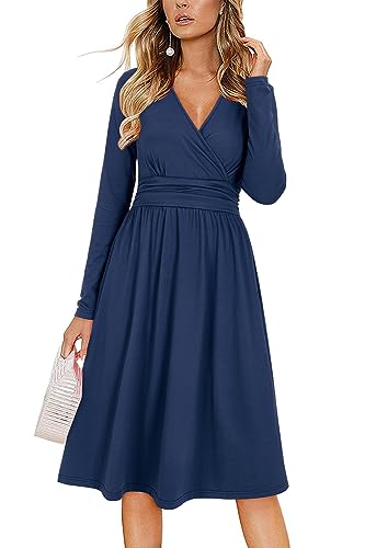 OUGES Kleid Damen Herbst V-Ausschnitt Langarm Kleider Herbstkleid Knielang Winterkleid Midi mit Taschen, M von OUGES