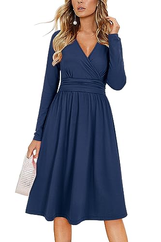 OUGES Kleid Damen Winterkleid V-Ausschnitt Langarm Casual Kleider Knielang Freizeitkleid Midi Herbstkleid mit Taschen(Marine-01,M) von OUGES