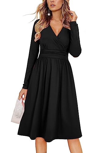 OUGES Kleid Damen Winterkleid V-Ausschnitt Langarm Casual Kleider Knielang Freizeitkleid Midi Herbstkleid mit Taschen(Schwarz-01,M) von OUGES