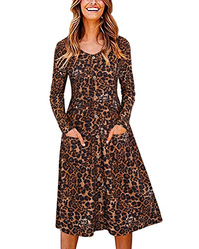 OUGES Winterkleid Damen Langarm Kleid V-Ausschnitt Midi Kleider Herbstkleid Knielang Freizeitkleid mit Taschen(Brauner Leopard02, XXL) von OUGES