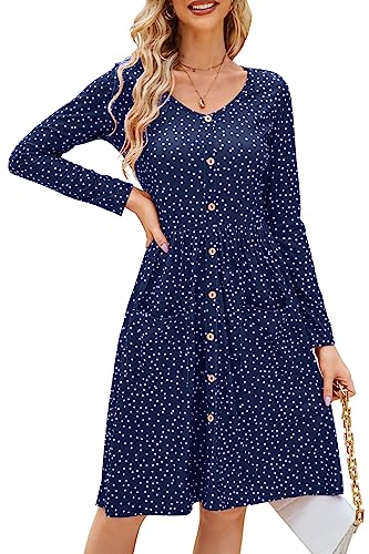 OUGES Winterkleid Damen Langarm Kleid V-Ausschnitt Polka Dot Kleid Herbstkleid Knielang Freizeitkleid mit Taschen(Blau Gepunktet, XL) von OUGES