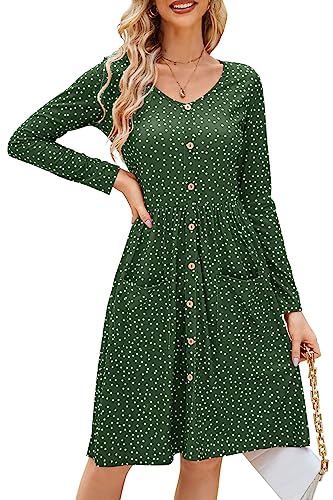 OUGES Winterkleid Damen Langarm Kleid V-Ausschnitt Polka Dot Kleid Herbstkleid Knielang Freizeitkleid mit Taschen(Grün Gepunktet, S) von OUGES