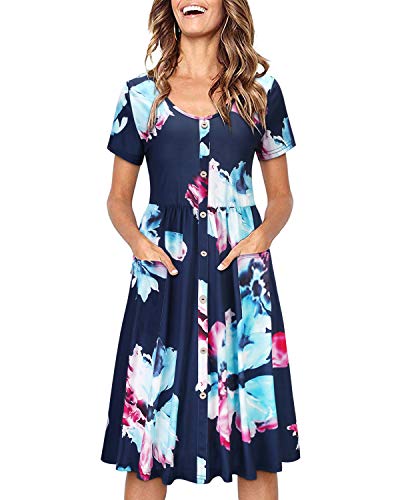 OUGES Sommerkleid Damen Kleider Kurzarm V-Ausschnitt Midi Kleid Knopfleiste Knielang Freizeitkleid mit Taschen(Floral02, S) von OUGES