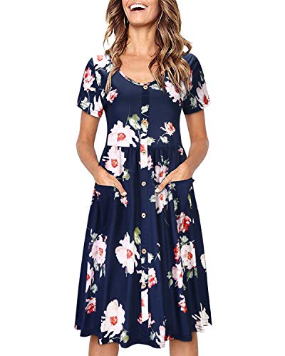 OUGES Sommerkleid Damen Kleider Kurzarm V-Ausschnitt Midi Kleid Knopfleiste Knielang Freizeitkleid mit Taschen(Floral03, L) von OUGES