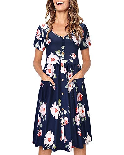 OUGES Sommerkleid Damen Kleider Kurzarm V-Ausschnitt Midi Kleid Knopfleiste Knielang Freizeitkleid mit Taschen(Floral03, M) von OUGES