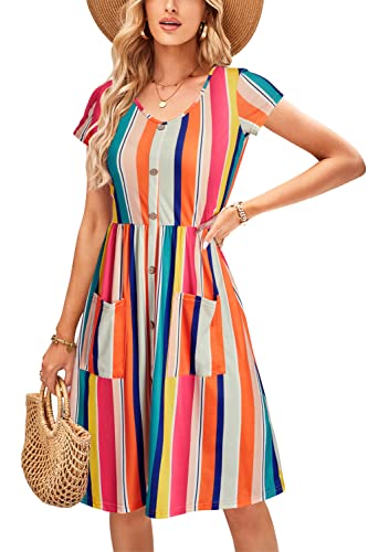 OUGES Sommerkleid Damen Kleider Kurzarm V-Ausschnitt Midi Kleid Knopfleiste Knielang Freizeitkleid mit Taschen(Floral19, S) von OUGES