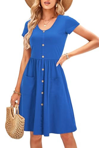 OUGES Sommerkleid Damen Kleider Kurzarm V-Ausschnitt Midi Kleid Knopfleiste Knielang Freizeitkleid mit Taschen(Blau395, XL) von OUGES