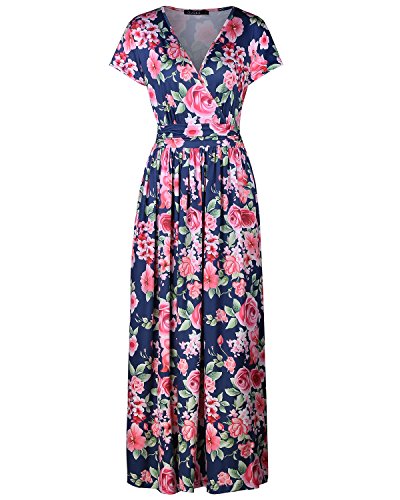 OUGES Sommerkleid Damen Kurzarm V-Ausschnitt Kleider Casual Boho Kleid Maxikleid mit Taschen Partykleid(Floral-04, S) von OUGES