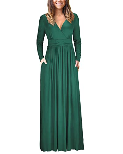 OUGES Damen Kleid Langarm V-Ausschnitt Winterkleid Casual Boho Kleider Maxikleid mit Taschen Herbstkleid(Grün, XL) von OUGES