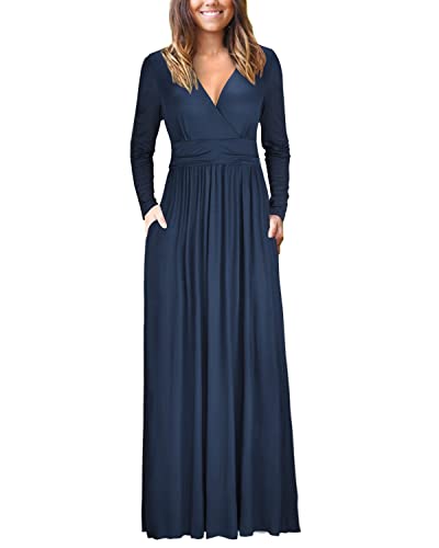 OUGES Damen Kleid Langarm V-Ausschnitt Winterkleid Casual Boho Kleider Maxikleid mit Taschen Herbstkleid(Navy blau, L) von OUGES