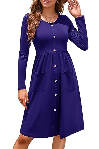 OUGES Damen Kleider Langarm V-Ausschnitt Midi Kleid Knopfleiste Knielang Freizeitkleid mit Taschen Winter Herbst(Blau, XXL) von OUGES