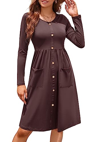 OUGES Winterkleid Damen Langarm Kleid V-Ausschnitt Midi Kleider Herbstkleid Knielang Freizeitkleid mit Taschen(Kaffee325, L) von OUGES