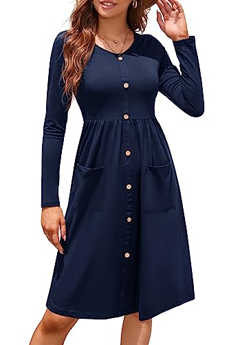 OUGES Damen Kleider Langarm V-Ausschnitt Midi Kleid Knopfleiste Knielang Freizeitkleid mit Taschen Winter Herbst(Marine, XL) von OUGES