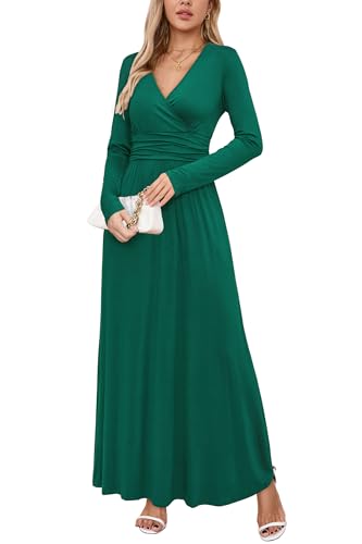 OUGES Damen Kleid Langarm V-Ausschnitt Winterkleid Casual Boho Kleider Maxikleid mit Taschen Herbstkleid(Grün, S) von OUGES