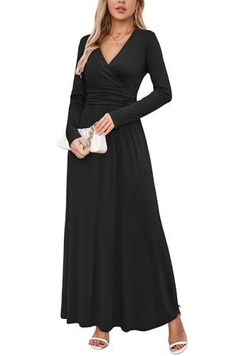 OUGES Damen Kleid Langarm V-Ausschnitt Winterkleid Casual Boho Kleider Maxikleid mit Taschen Herbstkleid(Schwarz, XL) von OUGES