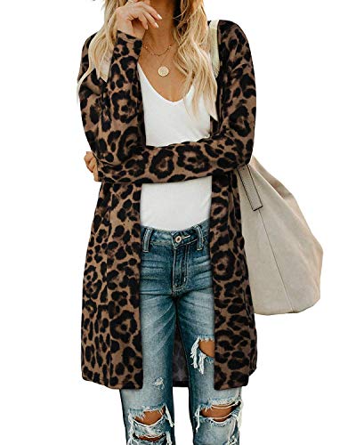 OUGES Damen Leopard Strickjacke Lang Leicht Cardigan Strickmantel mit Taschen(Leopard01,S) von OUGES