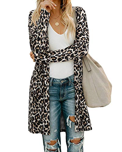 OUGES Damen Leopard Strickjacke Lang Leicht Cardigan Strickmantel mit Taschen(Leopard03,S) von OUGES