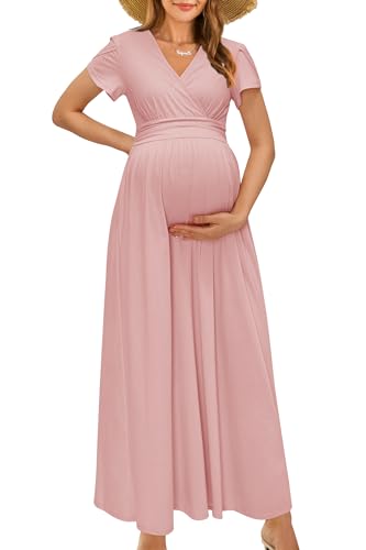 OUGES Damen Maxi Umstandskleider Lang Sommer Stillkleid V-Ausschnitt Kleider für Schwangere Lässiges Umstandsmode-M von OUGES