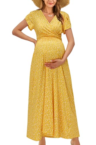 OUGES Damen Maxi Umstandskleider Lang Sommer Stillkleid V-Ausschnitt Kleider für Schwangere Lässiges Umstandsmode-M von OUGES