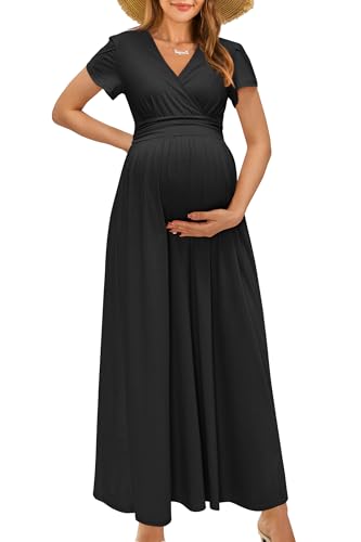 OUGES Damen Maxi Umstandskleider Lang Sommer Stillkleid V-Ausschnitt Kleider für Schwangere Lässiges Umstandsmode-M von OUGES