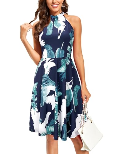 OUGES Damen Sommerkleid Neckholder Ärmellos A Linie Kleider Blumenmuster Baumwolle Kleid Knielang Cocktailkleid(Floral06,M) von OUGES