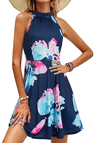 OUGES Damen Sommerkleid Neckholder Ärmellos A Linie Kleider Blumenmuster Baumwolle Kleid Knielang Cocktailkleid(Floral03,L) von OUGES