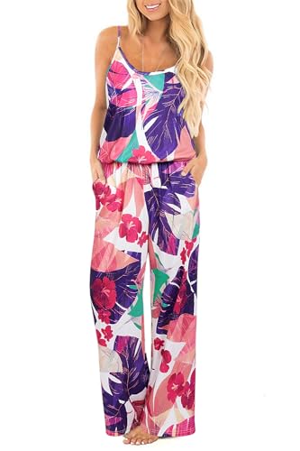 OUGES Damen Sommer Ärmellos Jumpsuit Blumen Overall Lang Hosenanzug Casual Playsuit Romper mit Taschen(FLoral06,M) von OUGES