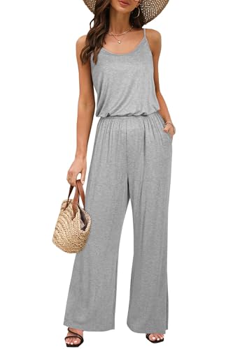 OUGES Damen Sommer Ärmellos Jumpsuit Overall Lang Hosenanzug Casual Playsuit Romper mit Taschen(Grau,XXL) von OUGES