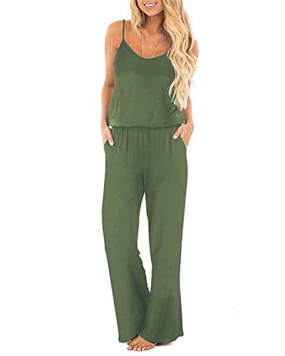 OUGES Damen Sommer Ärmellos Jumpsuit Overall Lang Hosenanzug Casual Playsuit Romper mit Taschen(Grün,L) von OUGES